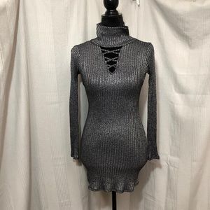 Metallic Silver Party Cocktail Zipper Open Dress